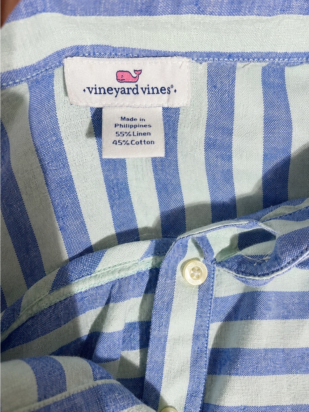 Vineyard Vines Linen/Cotton Blend Blue/Green Striped Popover Shirt Women’s XS - Picture 5 of 5